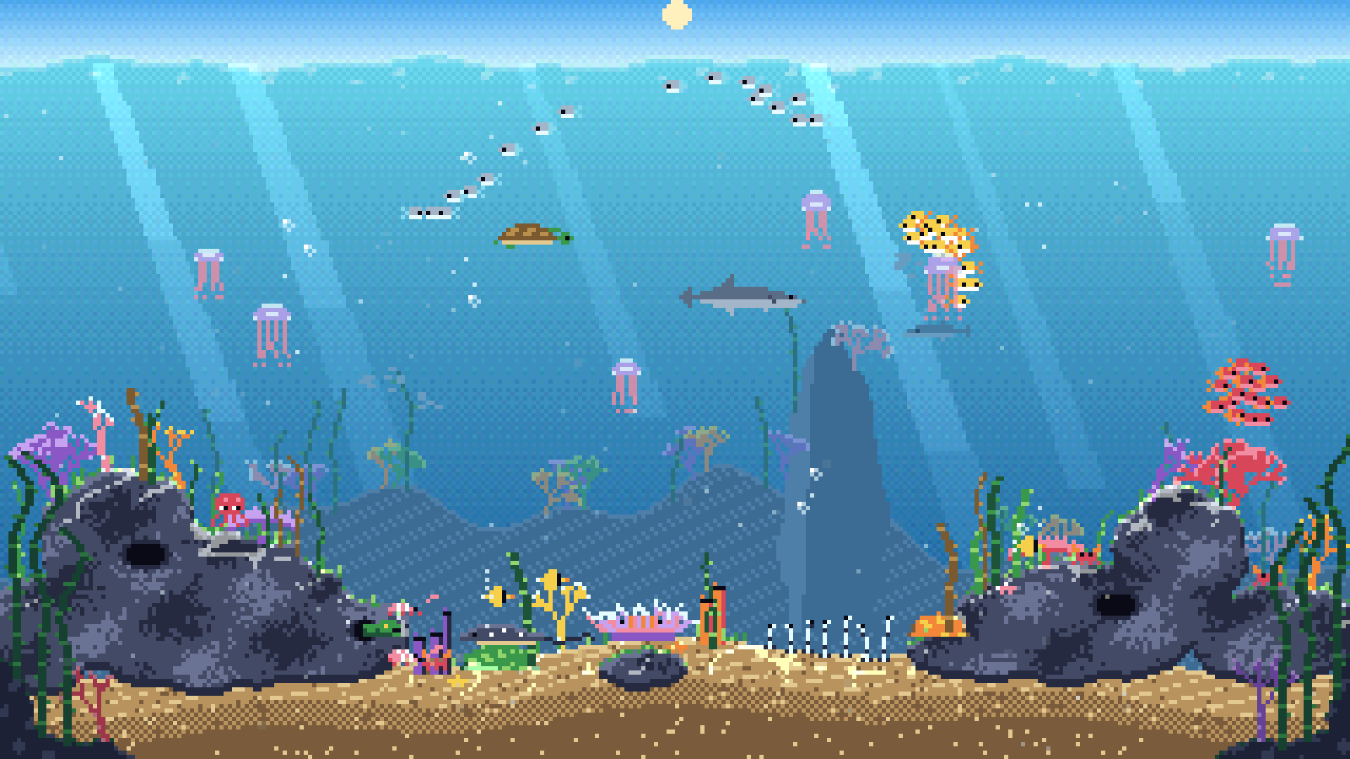 青い海と色鮮やかなサンゴの間を小魚やウミガメが泳ぐ。