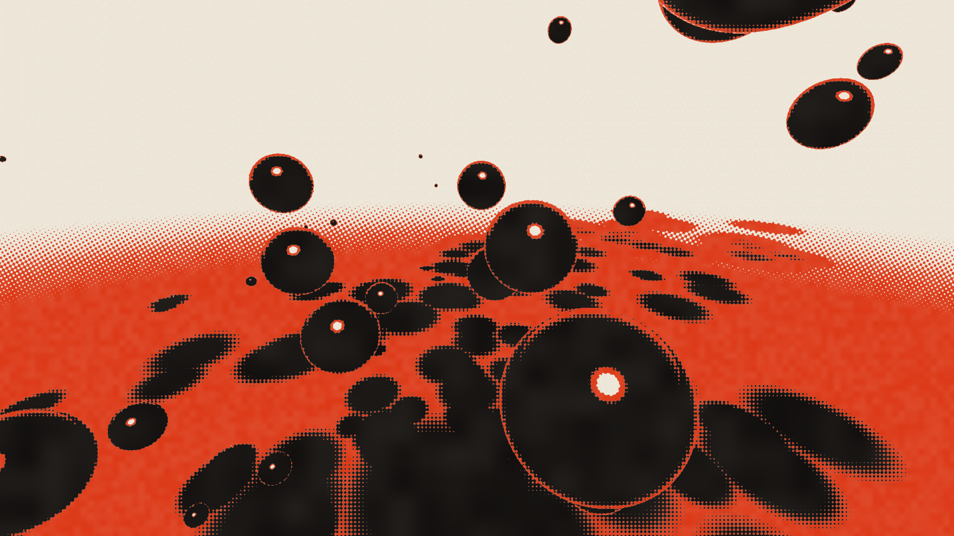 朱色を背景に黒と紙色の球が群れになって浮かぶVermilion Wellの4.4秒時点。
